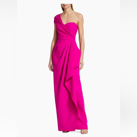 Rickie Freeman for Teri Jon Crepe One-Shoulder Gown in Hot Pink - Picture 1 of 7